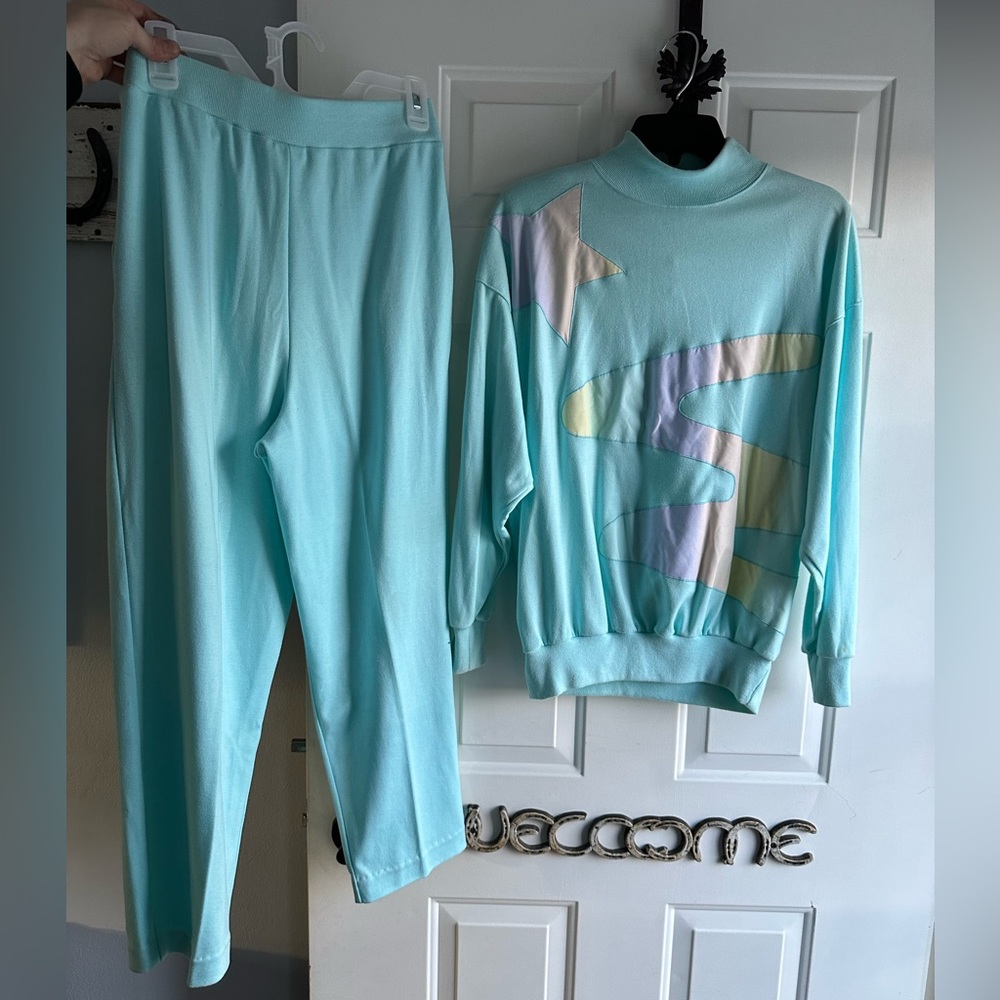 Vintage Bay Club Active Matching Set Aqua Blue Star Retro Made in USA Medium